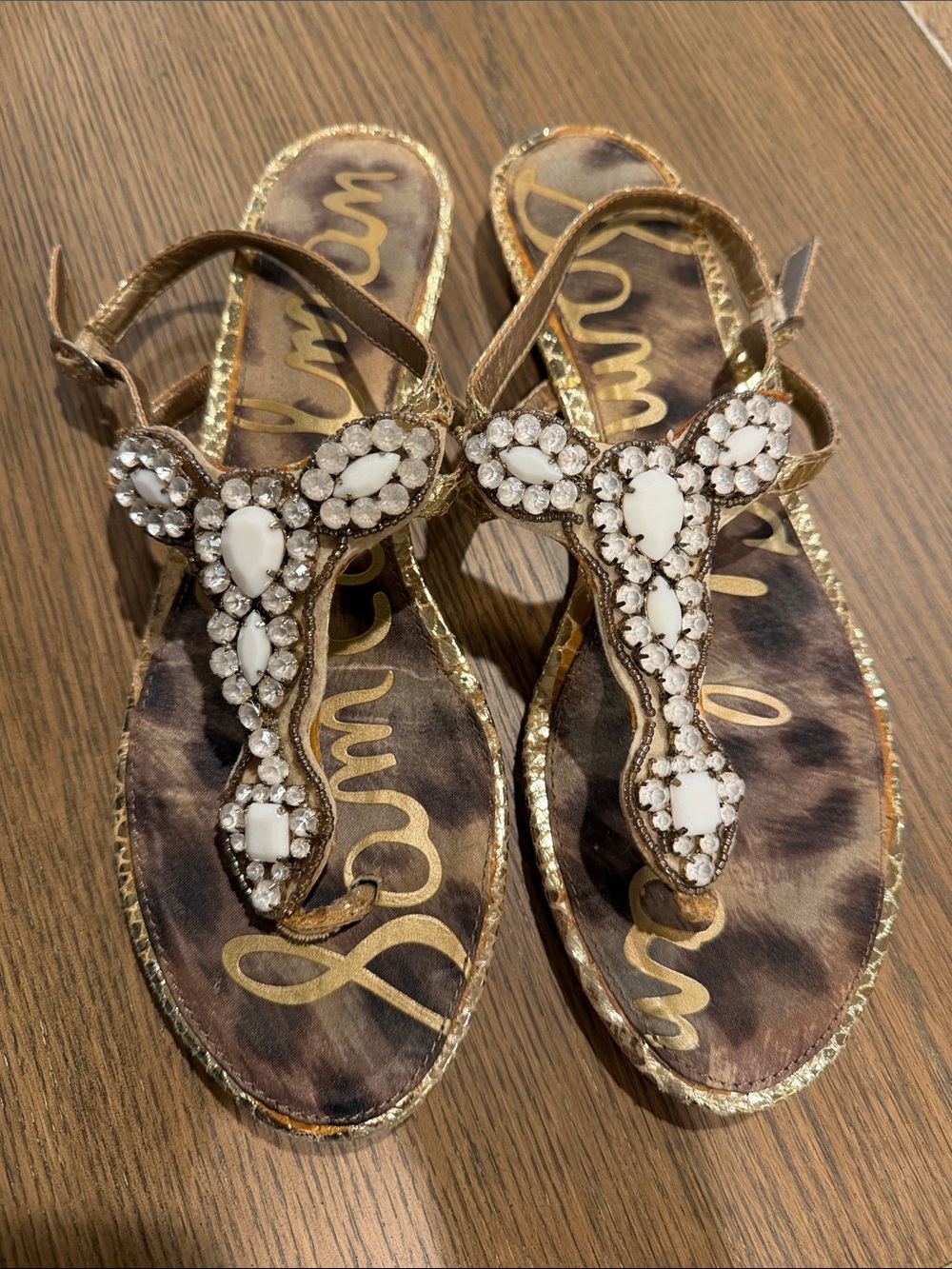 Sam Edelman Gold Jeweled T-Strap Sandals - White Crystal Accent